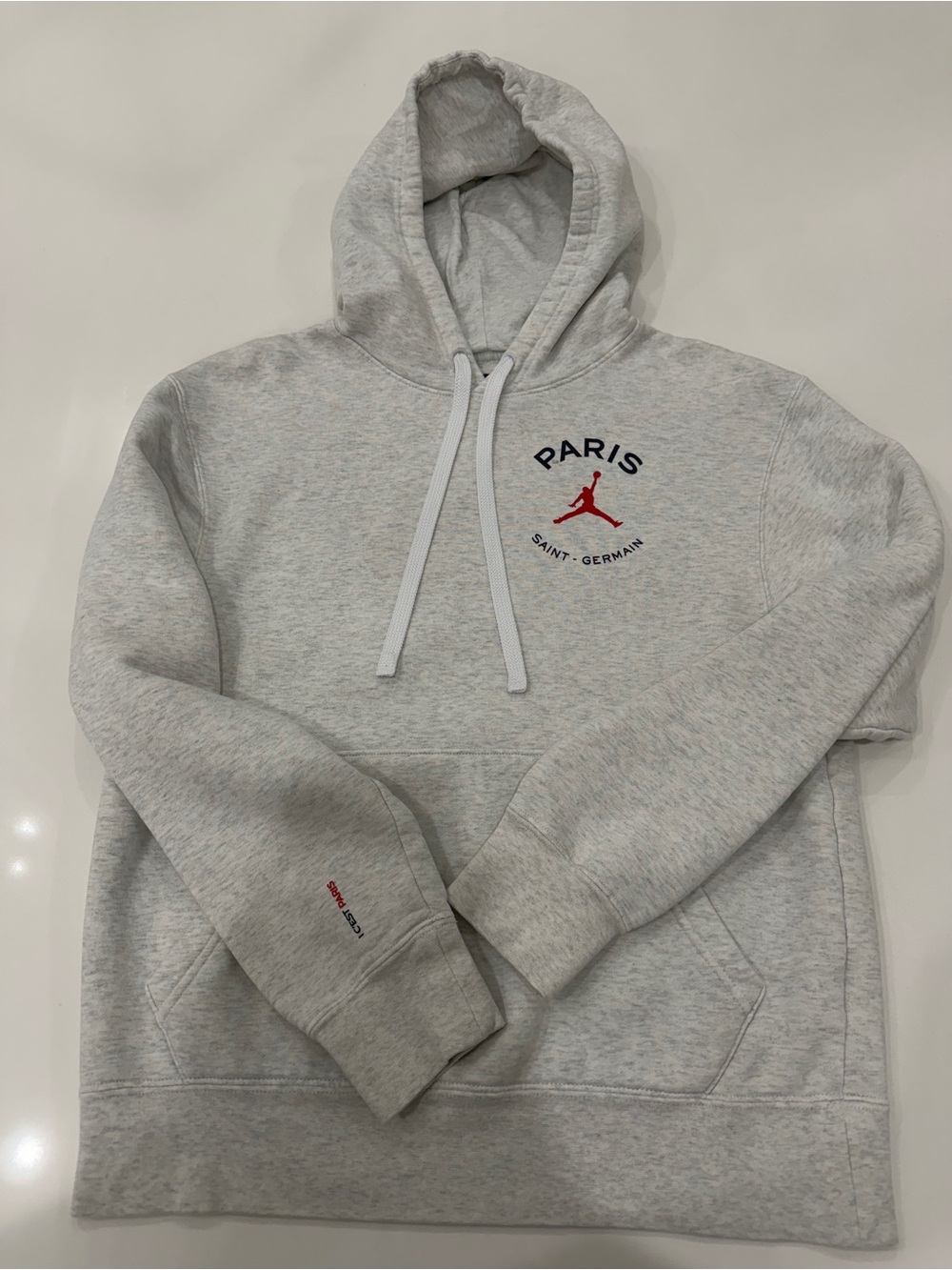 Nike Light Gray PSG Hoodie with Red Jumpman and Navy Text